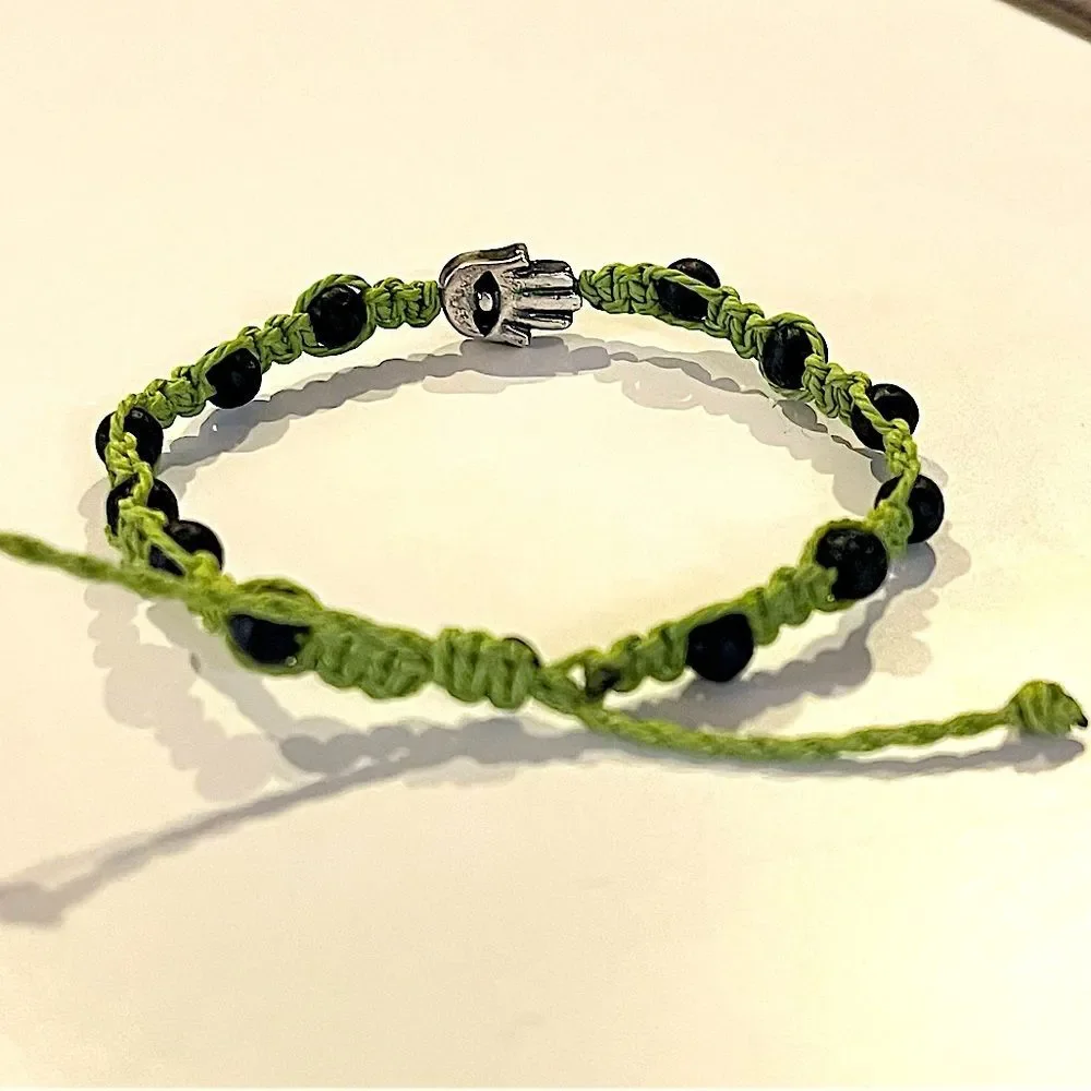 Silver Hamsa & Black Lava Bead Macrame Handmade Adjustable Bead Bracelet Unisex